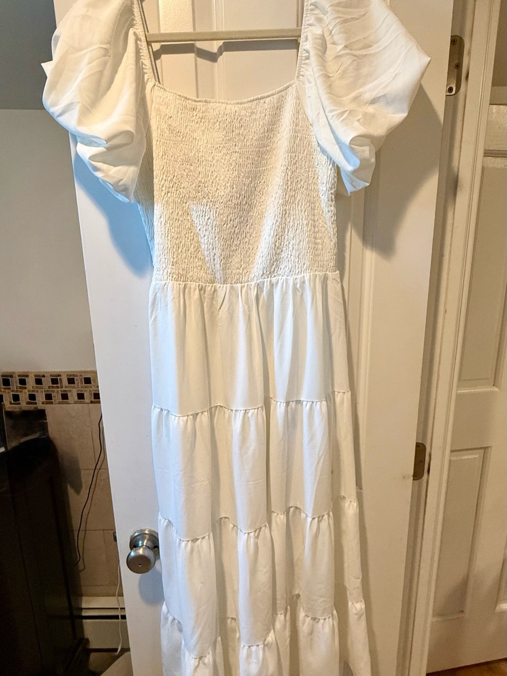 Women's White Puff Sleeve Smocked Maxi Dress